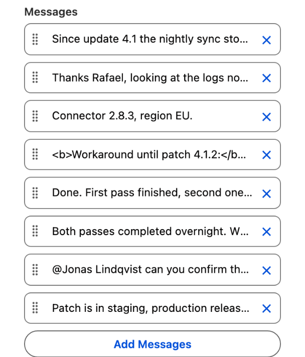 The Messages list with the eight messages, oldest first