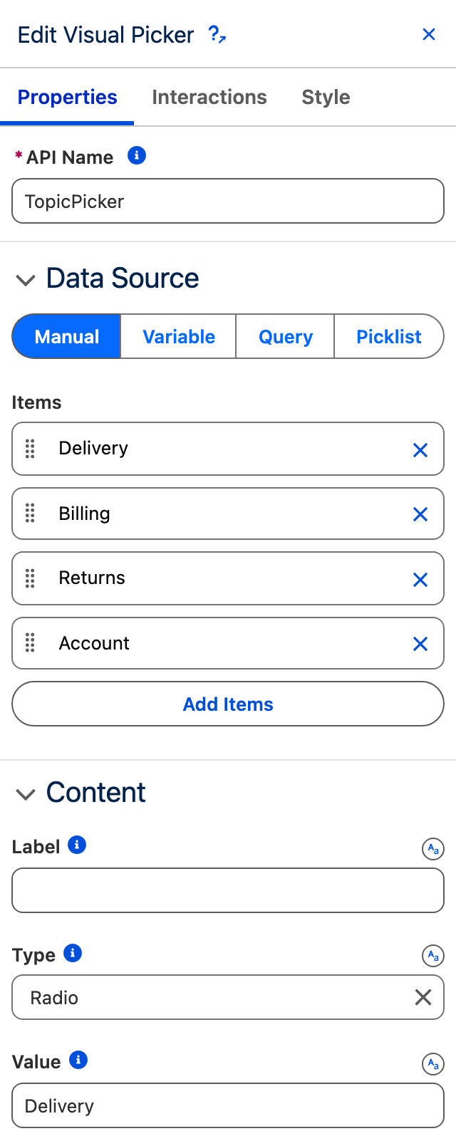 The Edit Visual Picker panel showing Data Source set to Manual with four items, Type set to Radio and Value set to Delivery