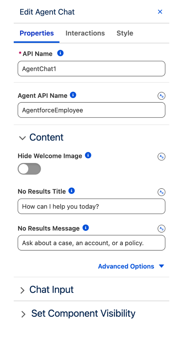 The Edit Agent Chat panel showing the Properties tab with API Name, Agent API Name, Hide Welcome Image, No Results Title and No Results Message