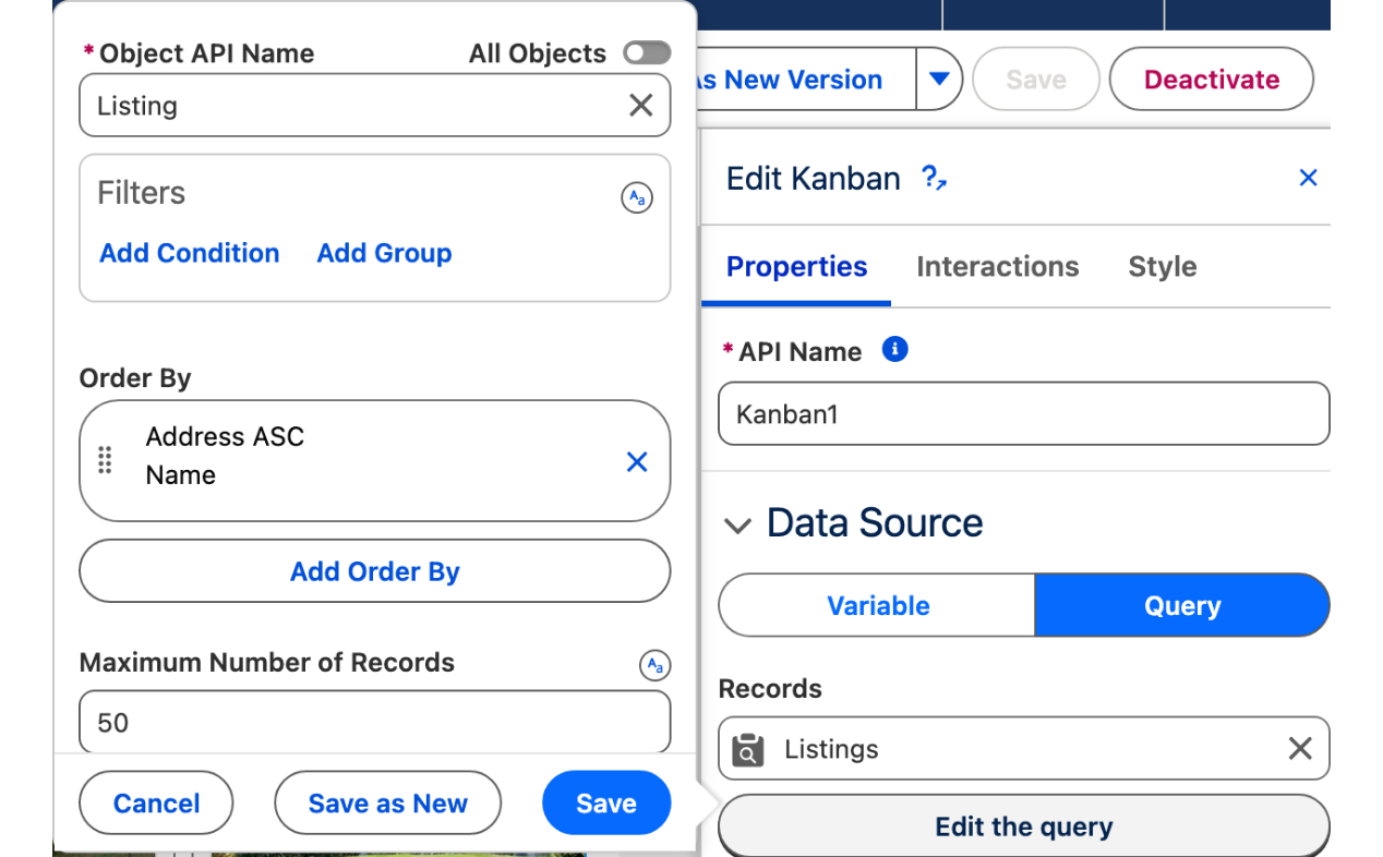 The query editor popover for the Listing object: no filter, Order By Address ascending, and the Data Source section behind it