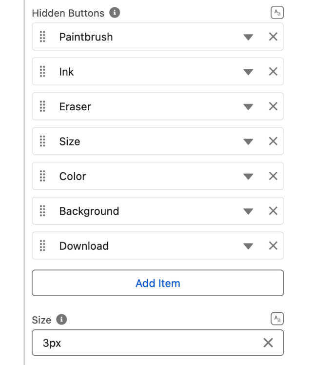Advanced Options expanded: the Hidden Buttons list with Paintbrush, Ink, Eraser, Size, Color, Background and Download, then Size 3px