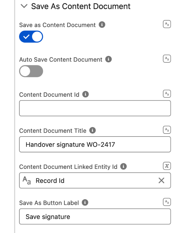 The Save As Content Document section: Save as Content Document on, Auto Save off, Content Document Title Handover signature WO-2417, Content Document Linked Entity Id mapped to Record Id, Save As Button Label Save signature