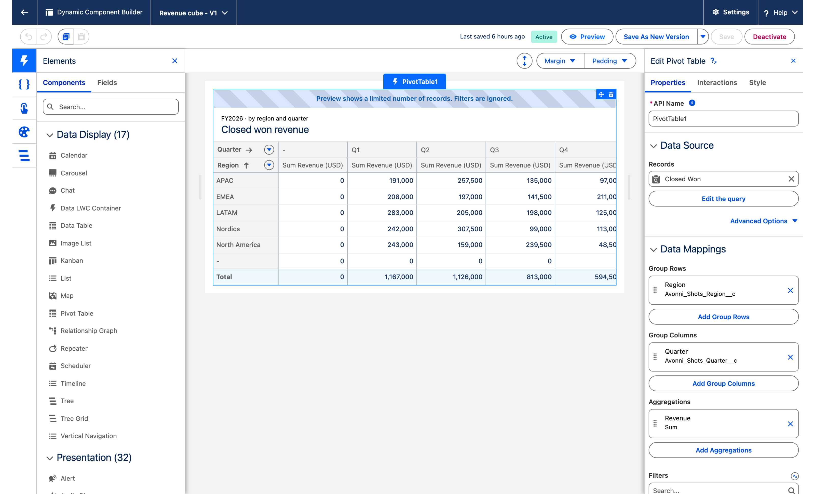 The Dynamic Component builder with the Pivot Table selected on the canvas and its Edit Pivot Table panel on the right