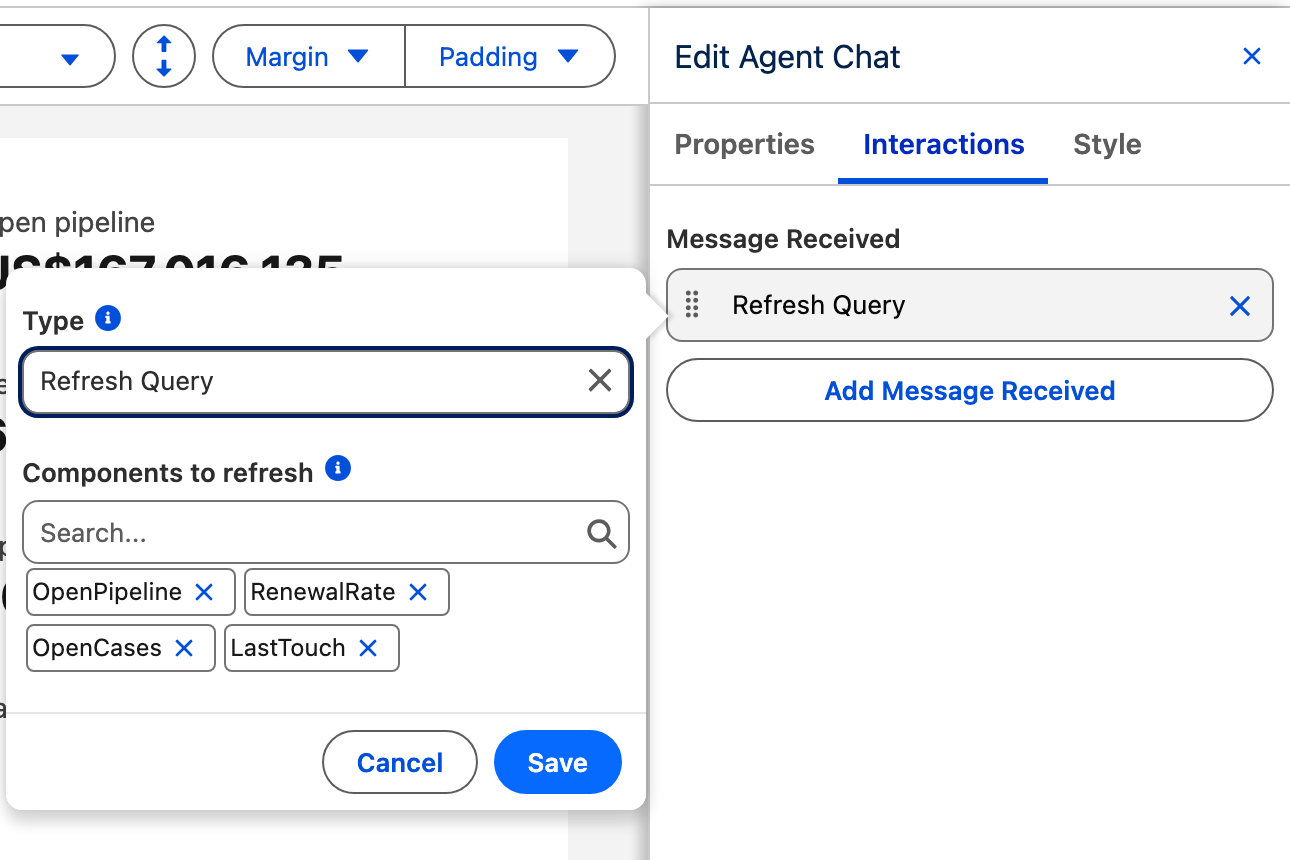 The Refresh Query popover with Type set to Refresh Query and four component pills: OpenPipeline, RenewalRate, OpenCases and LastTouch