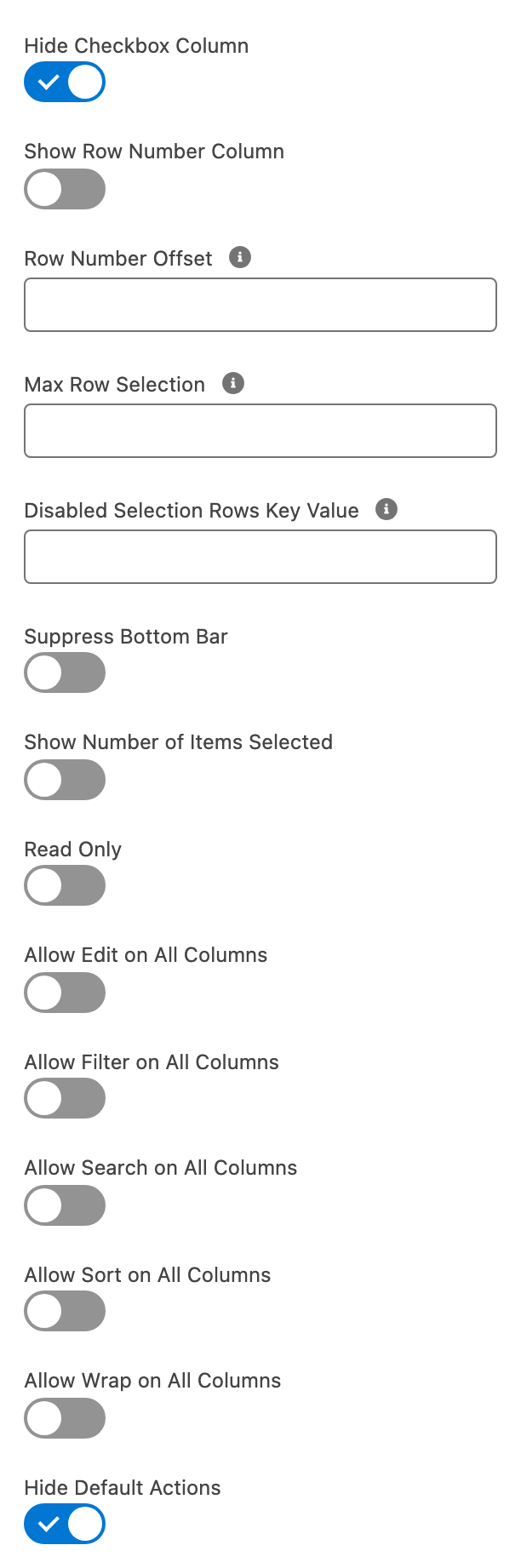 Hide Checkbox Column on and Hide Default Actions on, with the other table toggles left off between them