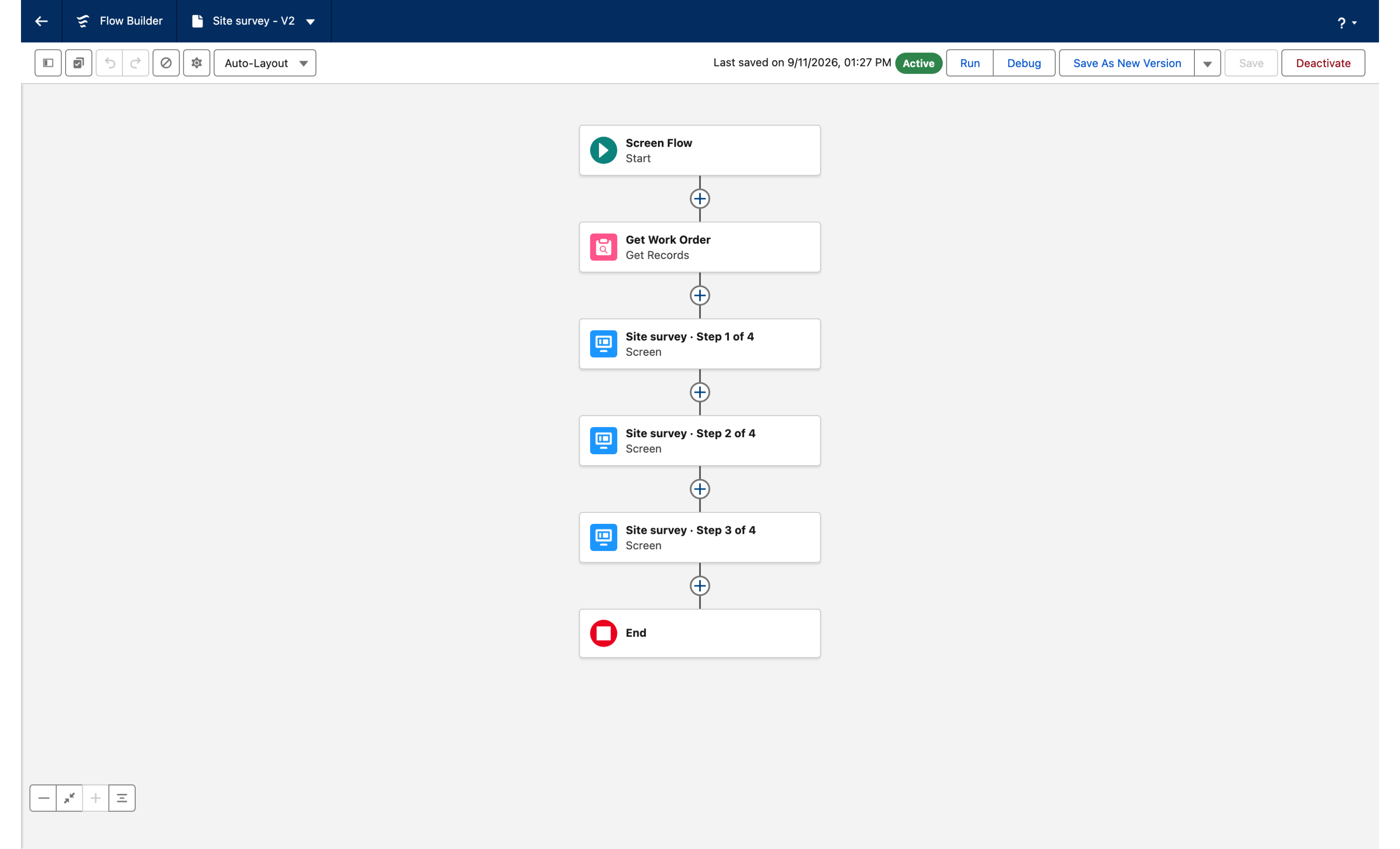 Flow Builder in auto-layout: Start, the Get Work Order element, the three Site survey screens and End