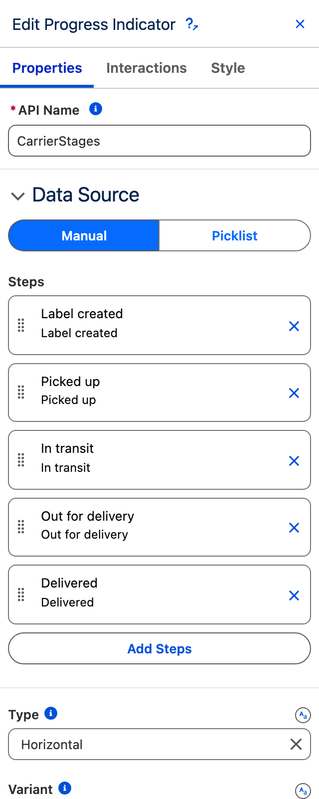 The Edit Progress Indicator panel: the Manual and Picklist data source switch, the five carrier stage steps listed, and Type set to Horizontal