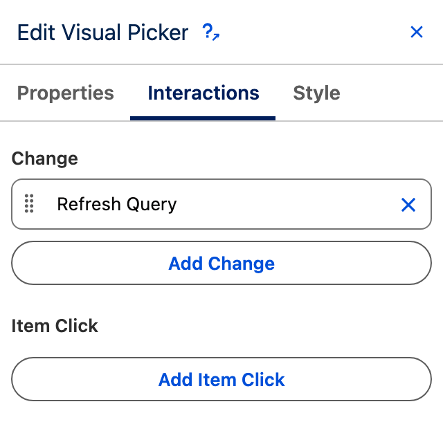 The Visual Picker Interactions tab showing a Refresh Query interaction on the Change event