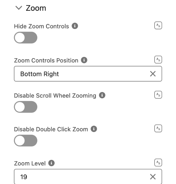 The Zoom section: Hide Zoom Controls off, Zoom Controls Position Bottom Right, Zoom Level 19