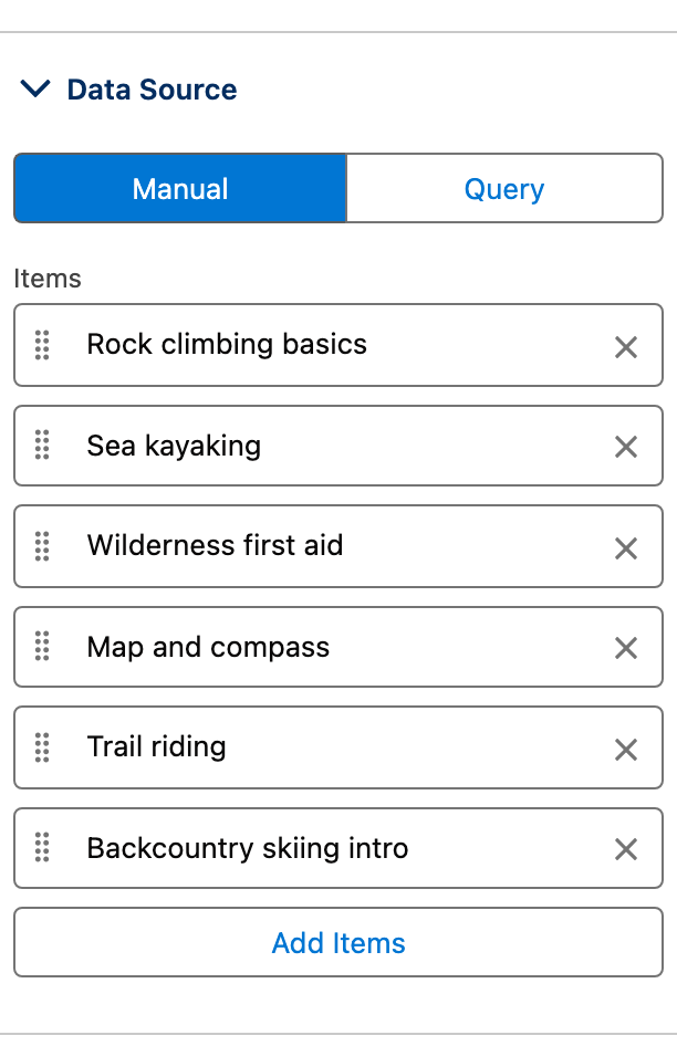 The Items editor with Data Source on Manual and the six courses listed, followed by Add Items