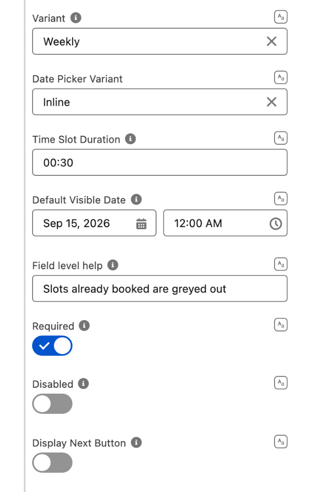Variant Weekly, Date Picker Variant Inline, Time Slot Duration 00:30, Default Visible Date Sep 15, 2026, Display Next Button off