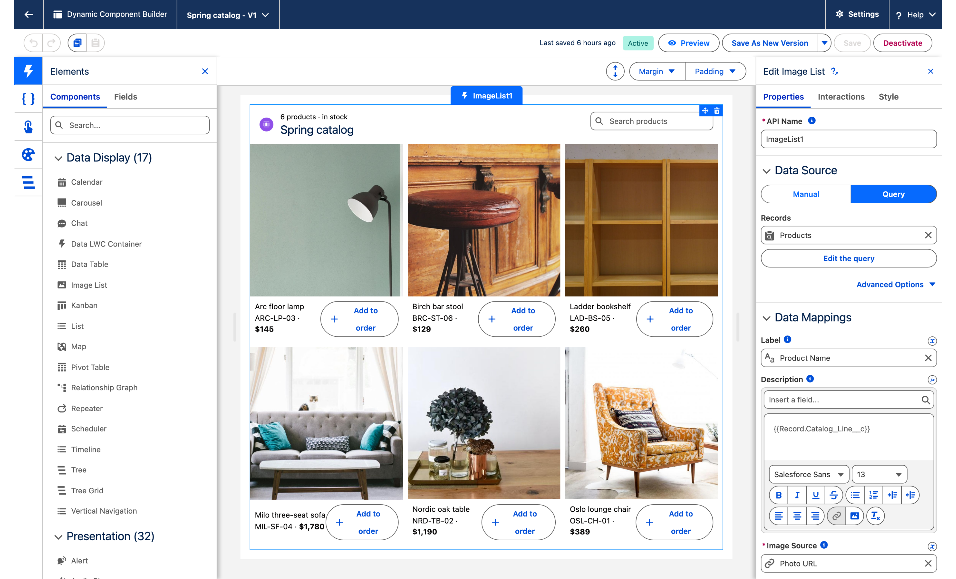 The Dynamic Component builder with the Image List selected on the canvas, six product tiles, and its Edit Image List panel on the right